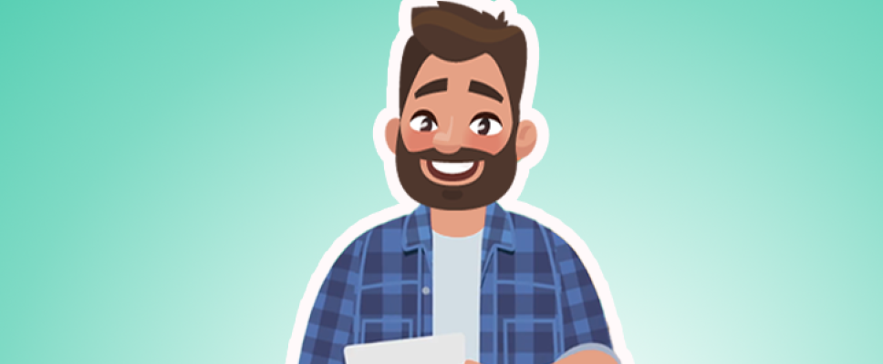 A cartoon man smiling has he holds a bill.