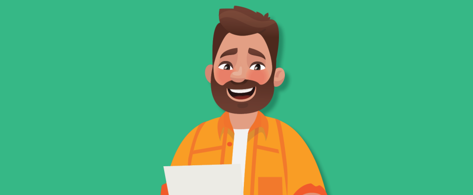 A man smiling as he holds an energy bill.