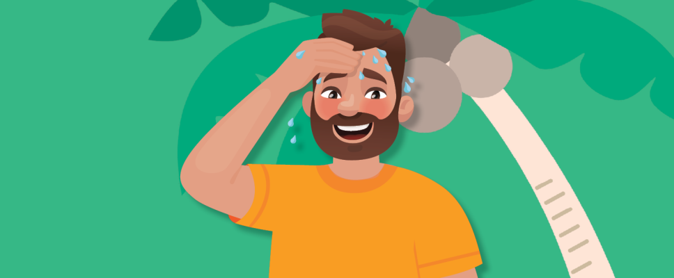 A cartoon man sweating and smiling in front of a palm tree.