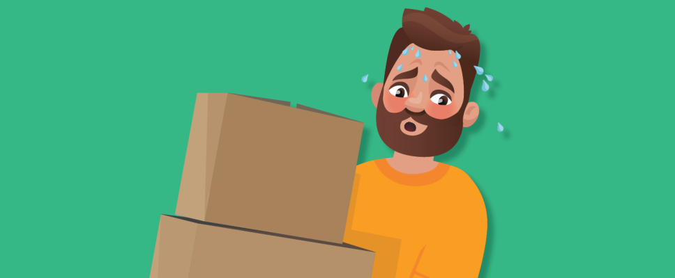 A cartoon man sweating and tired as he lifts two cardboard boxes. 