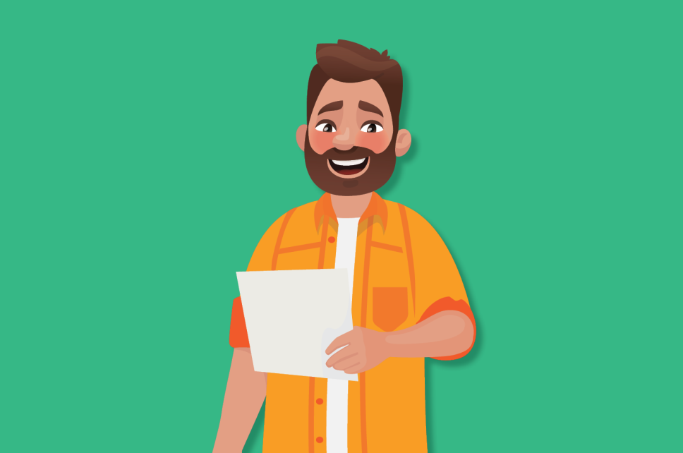 Cartoon man smiling holding a bill in his hand.