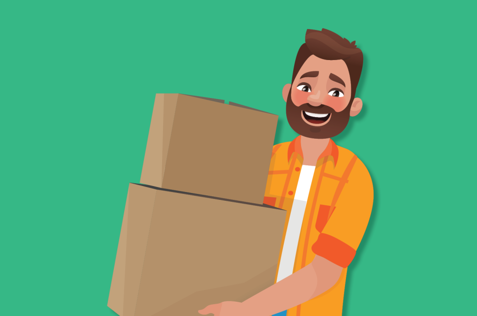 Cartoon man smiling while holding moving cardboard boxes.