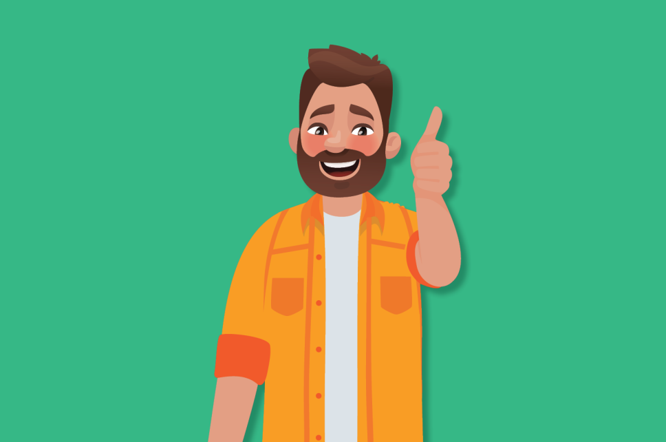 Cartoon man smiling with thumbs up. 
