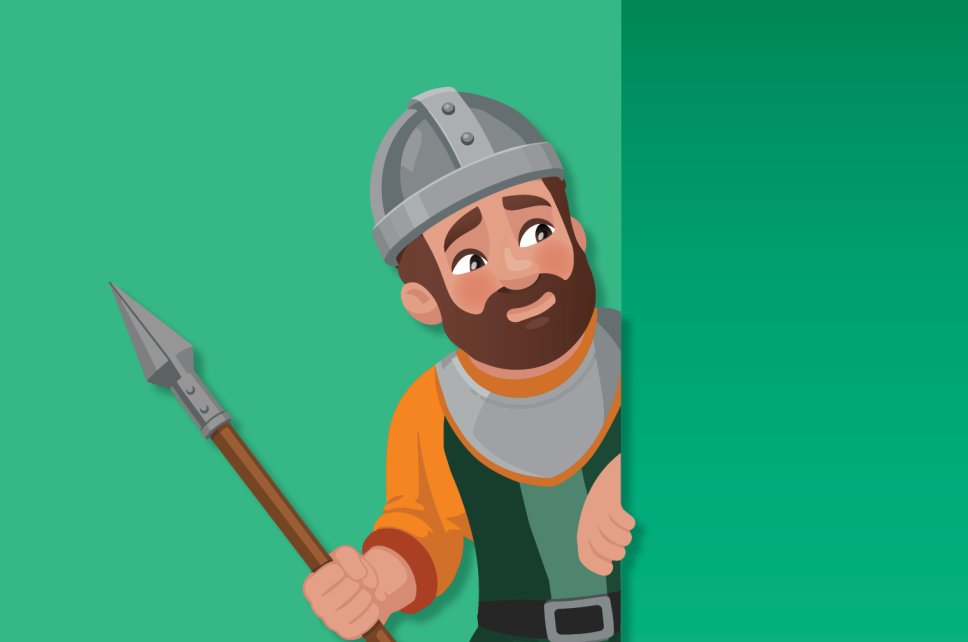 Cartoon man guarding a thermostat. He is wearing a medieval guard outfit.