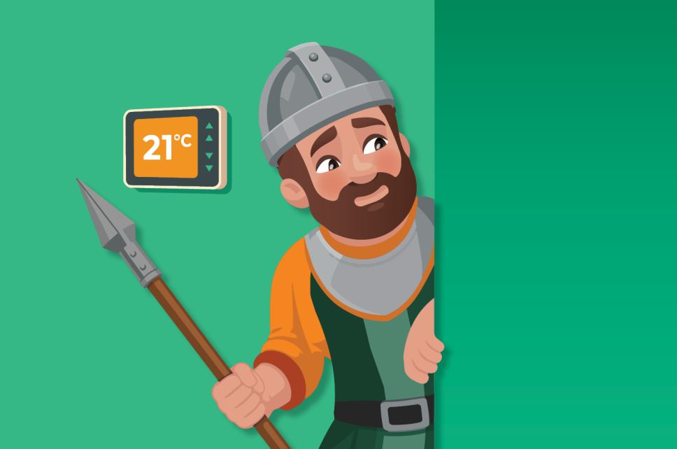 Cartoon man guarding a thermostat. He is wearing a medieval guard outfit.