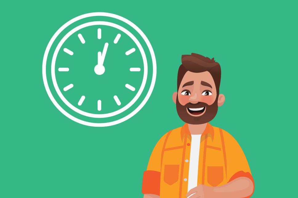 Cartoon man smiling next to a clock.