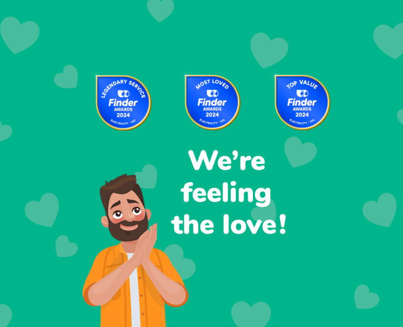 A cartoon man looking up warmly. Above him are three Finder awards.