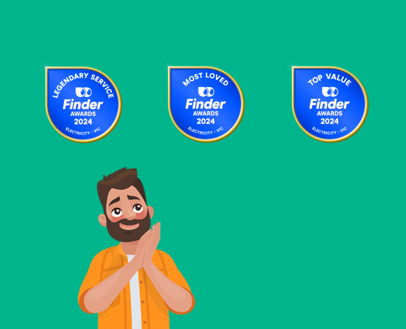 A cartoon man looking up warmly. Above him are three Finder awards.