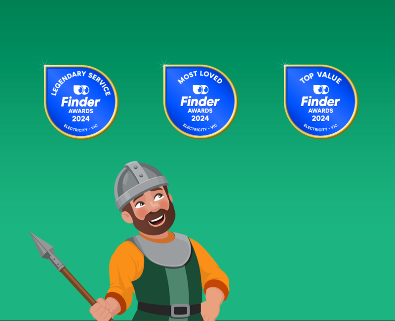 Cartoon man dressed in a medieval guard outfit. He is smiling lovingly up at three Finder awards to Tango.